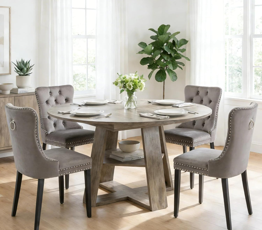 5 Piece Round Extendable Dining Table Set for 4, 43"-59" Grey Wood Oval Expanding Kitchen Table with 4 Velvet Tufted Chairs, Space Saving Extendable Dining Room Tables with Storage Shelf