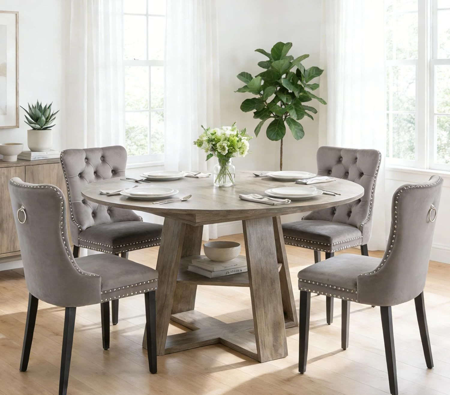 5 Piece Round Extendable Dining Table Set for 4, 43"-59" Grey Wood Oval Expanding Kitchen Table with 4 Velvet Tufted Chairs, Space Saving Extendable Dining Room Tables with Storage Shelf