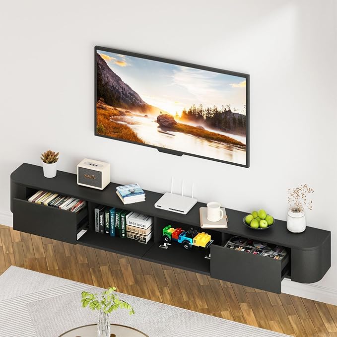 SHGJ&SOFT Floating TV Stand Wall Mounted Media Console with Door Entertainment Centerwith Storage Cabinets, Wall Mounted TV Shelf for Bedroom,Living Room (Black, 78.7IN)
