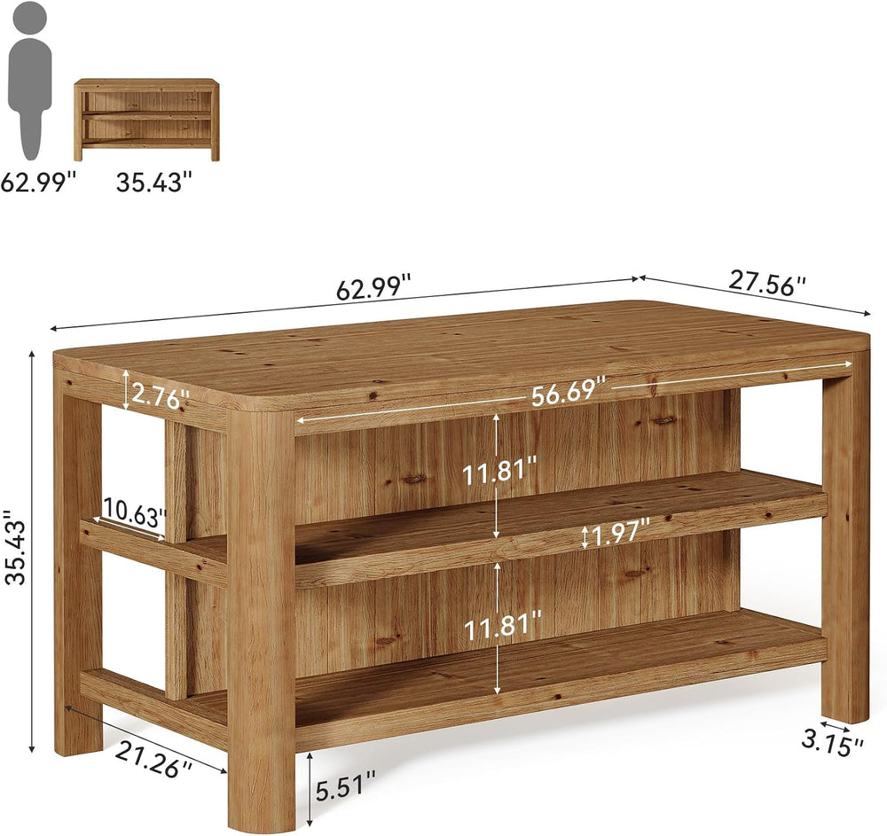 63" Solid Wood Kitchen Island with Storage Shelves, Easy Assembly | Farm...