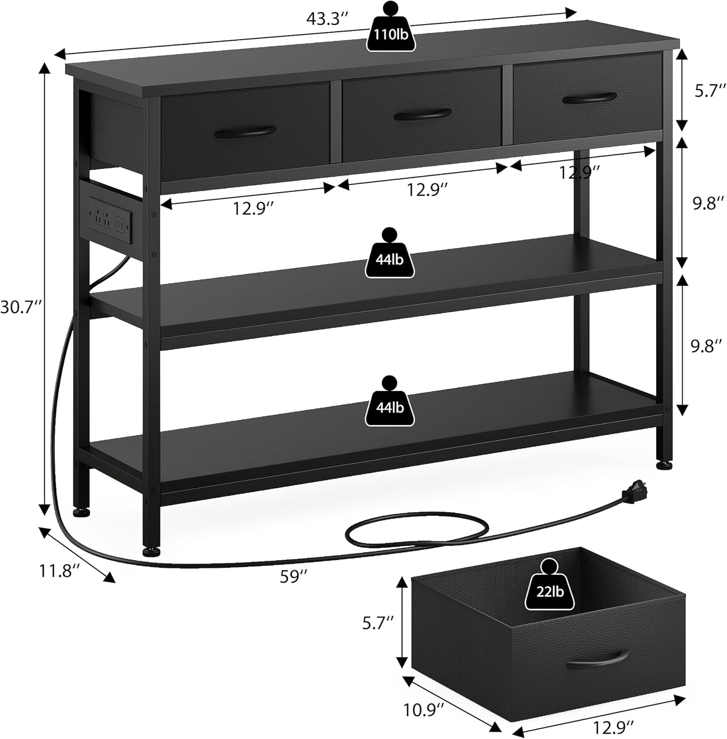 Lulive 2 Pack Entryway Table with Outlets, 3 Fabric Drawers, 43in | 43.3"W x 11.8"D entry table with 2 outlets, 2 USB ports, swappable plug side, adjustable feet and anti-tip kit.