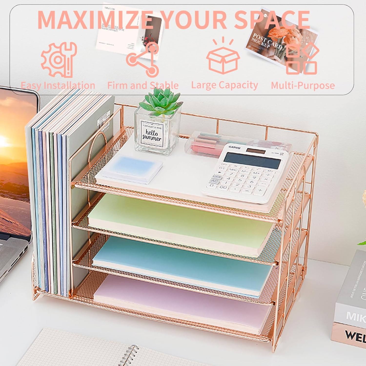 OPNICE 4-Tier Paper Organizer with Magazine Holder, Desk Organizers and Accessories, Office Desk Accessories & Workspace Organizers, Desktop File Organizer for Office Supplies Storage, Rose Gold