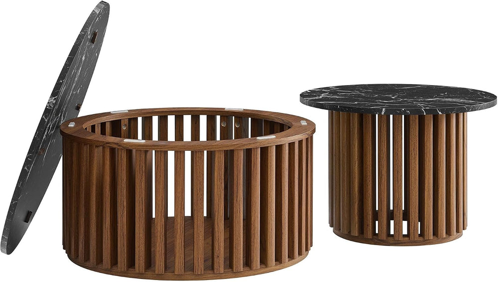 Modway Fortitude Round Faux Marble Wood Nesting Coffee Table Set in Walnut Bl...