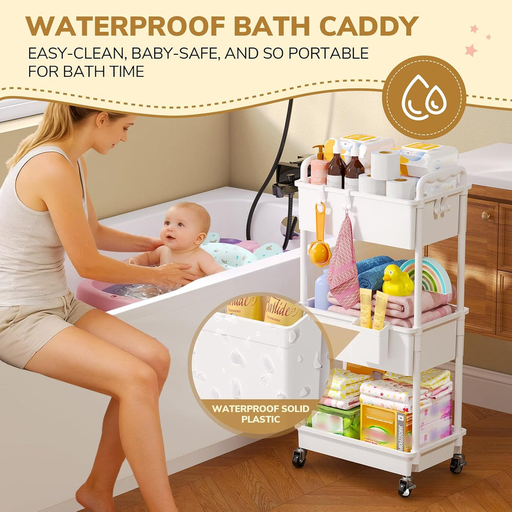 Diaper Cart with Lockable Wheels and Easy Assembly, 3 Tier White