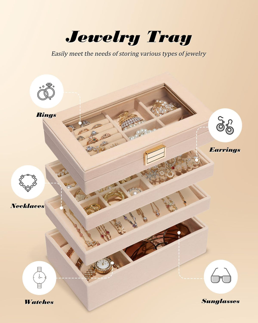 Homde Jewelry Tray Stackable Jewelry Box Drawer Organizer with Glass Lid, Removable Dividers for Vanity Table - Christmas Gift Idea for Girls and Women(Apricot)