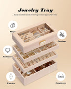 Homde Jewelry Tray Stackable Jewelry Box Drawer Organizer with Glass Lid, Removable Dividers for Vanity Table - Christmas Gift Idea for Girls and Women(Apricot)