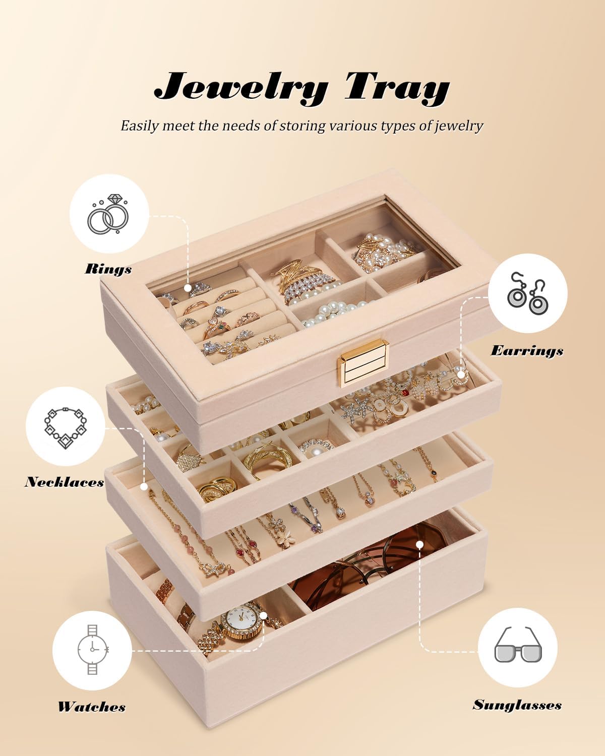 Homde Jewelry Tray Stackable Jewelry Box Drawer Organizer with Glass Lid, Removable Dividers for Vanity Table - Christmas Gift Idea for Girls and Women(Apricot)