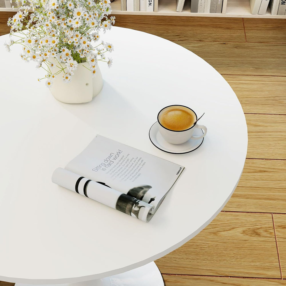 27.5" White Round Dining Table, MDF Top with Metal Pedestal Base, Modern...