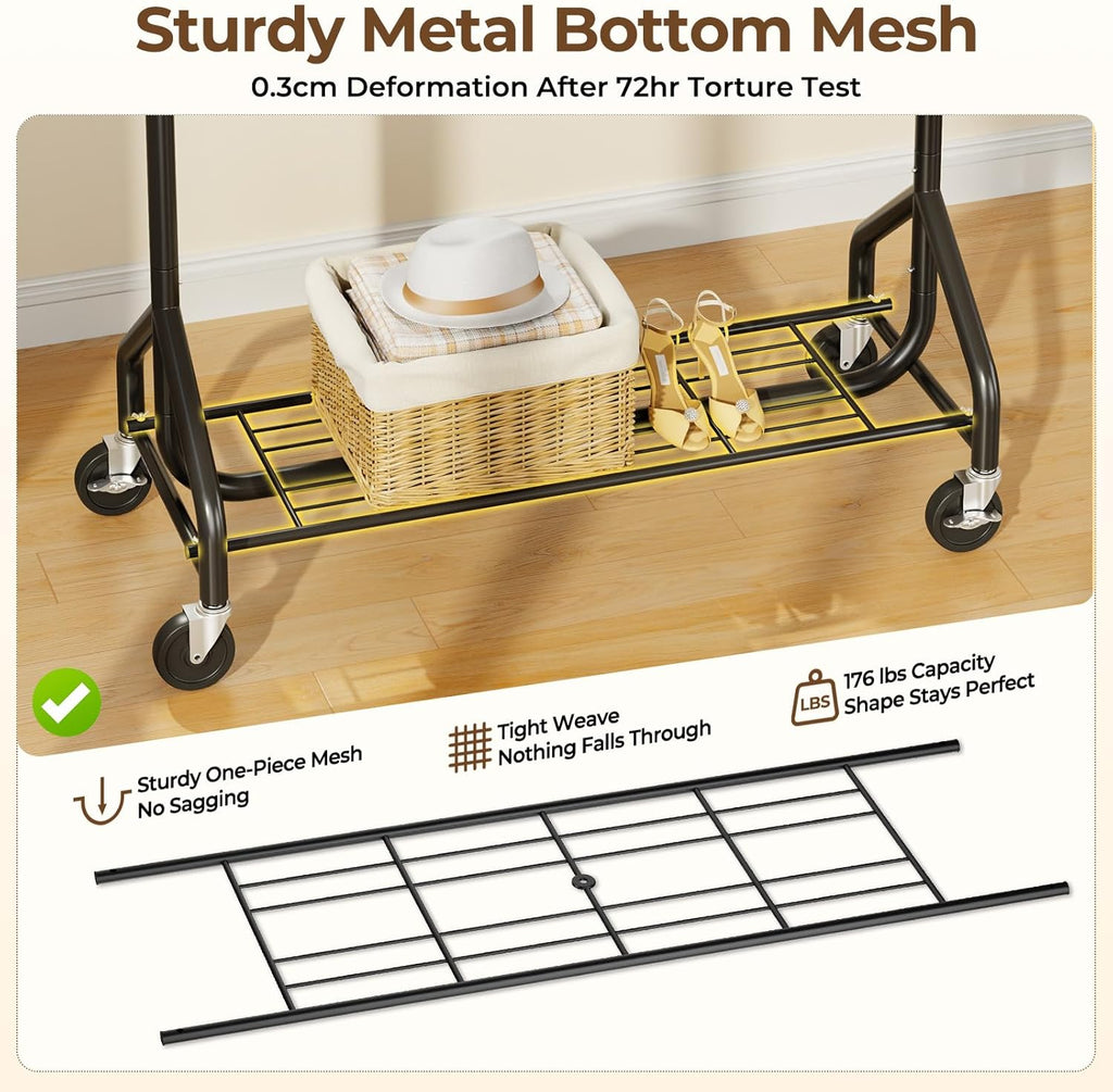 Heavy-Duty 450LBS Capacity Metal Clothes Rack，Rolling Clothing Rack with Wheels & Shelves, Portable Standing Wardrobe Rack for Hanging Clothes, Black