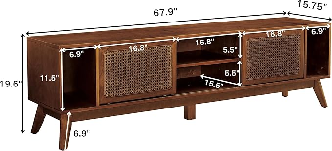 LKTART 68 Inch Mid Century Modern TV Stand with Rattan Doors,MCM Entertainment Center Media Console for 60/65/70/75 inch TVs,Long Boho Television Stand for Living Room,Light Walnut