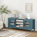 Giantex Farmhouse TV Stand for TVs up to 65", Entertainment Center with 4 Adjustable Storage Shelves & Tempered Glass Doors, Modern TV Console Table for Bedroom, Living Room (Teal Blue)