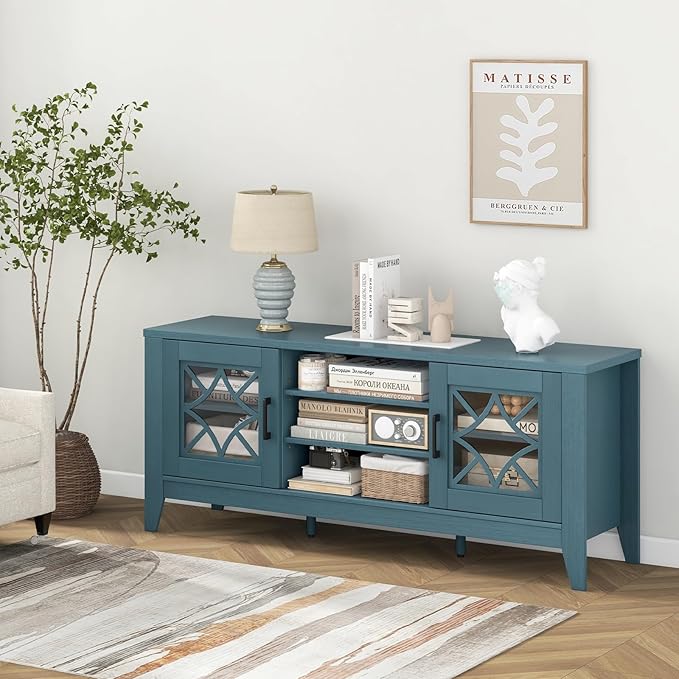 Giantex Farmhouse TV Stand for TVs up to 65", Entertainment Center with 4 Adjustable Storage Shelves & Tempered Glass Doors, Modern TV Console Table for Bedroom, Living Room (Teal Blue)