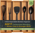 Carbonized Bamboo Kitchen Drawer Organizer, 5 Slots Expandable Silverware Organizer, Utensil Holder & Cutlery Tray, 2.2" Deep for Extra Capacity, Non-Slip Feet Included