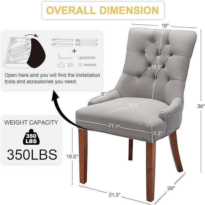 Upholstered Dining Chairs with Arms, Set of 4, Dining Room Chairs with Solid Wood Legs and Tufted Backrest(Linen+Grey)