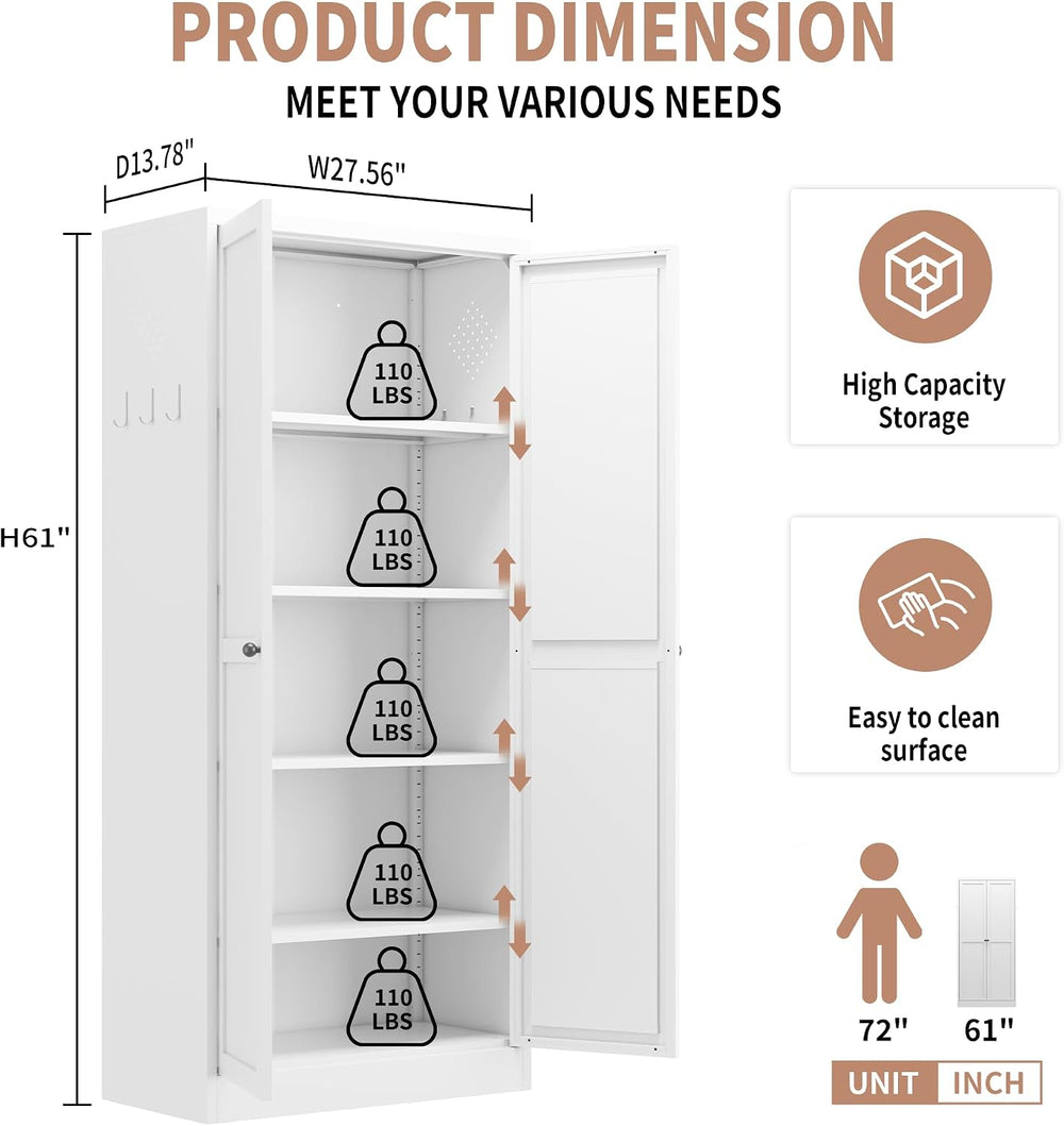 61" White Metal Kitchen Pantry Cabinet Adjustable Storage with 4 Shelves...
