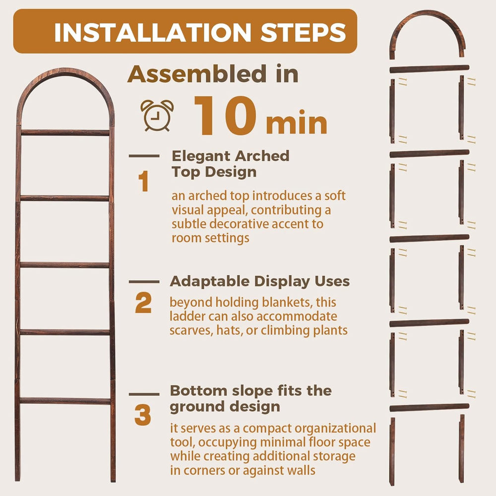 Sintuff Arched Blanket Ladder for Living Room, 5.5ft Wooden Blanket Rack, 5-T...