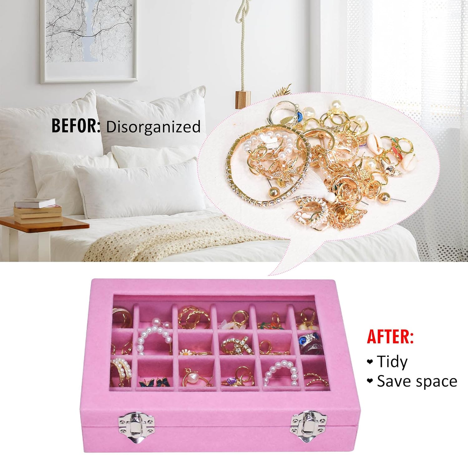 Vicoter Velvet Jewelry Box 24 Grid Jewelry Ring Display Organiser Box Tray Holder Earrings Storage Case for Girls Wife Mom Women (Pink)