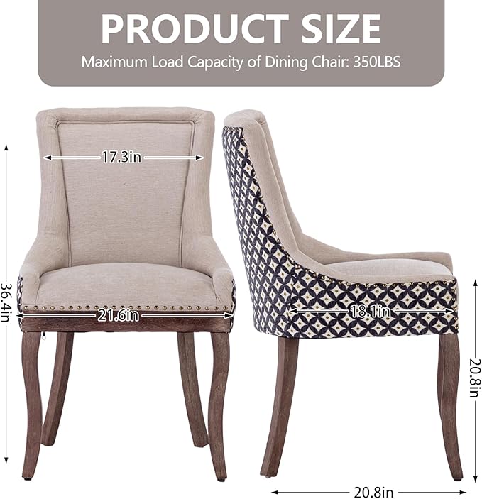 Modern Dining Chairs Set of 4, High Back Dining Chairs Side Chairs with Solid Wood Legs, Upholstered Fabric Dining Room Chairs for Dining Room Kitchen, Beige and Patterned