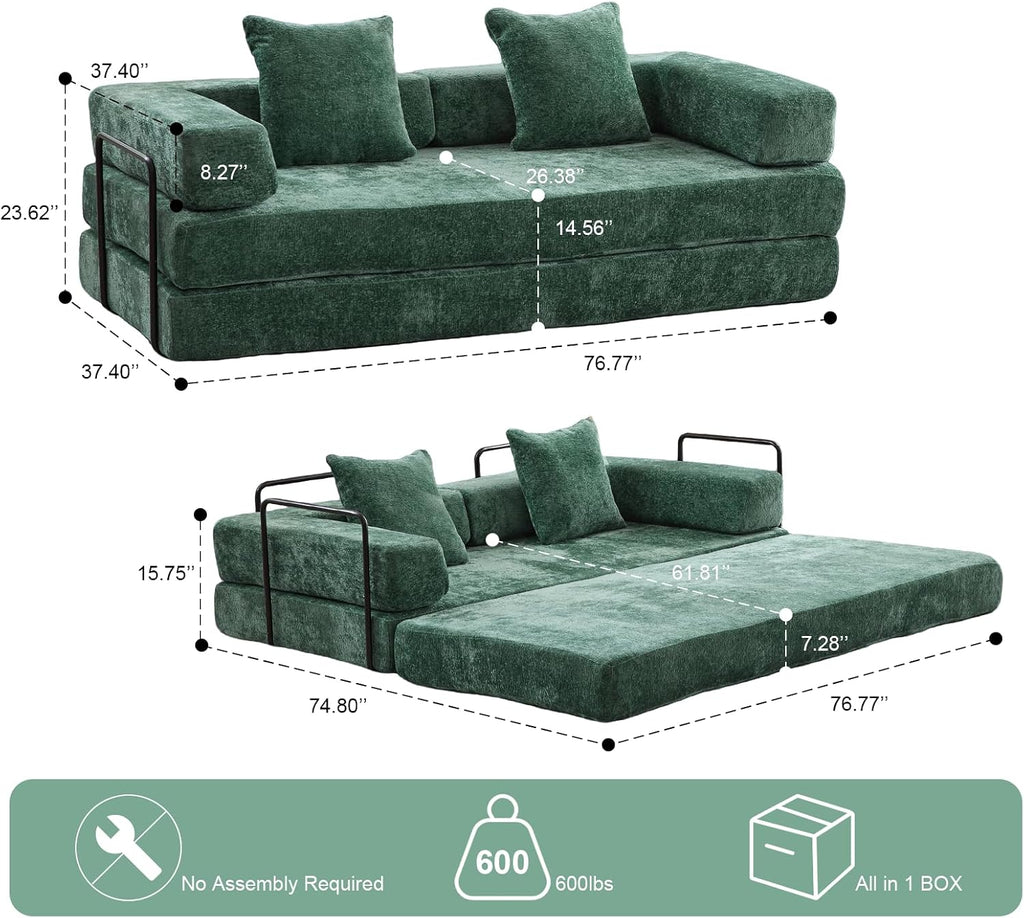 ZEIINPA Convertible Floor Sofa Bed with Fixed-Shape Frame, Modular Chenille Folding Mattress Couch with Armrest, Floor Sofa Lounge Couch for Living Room Bedroom Lounge Studio, Dark Green