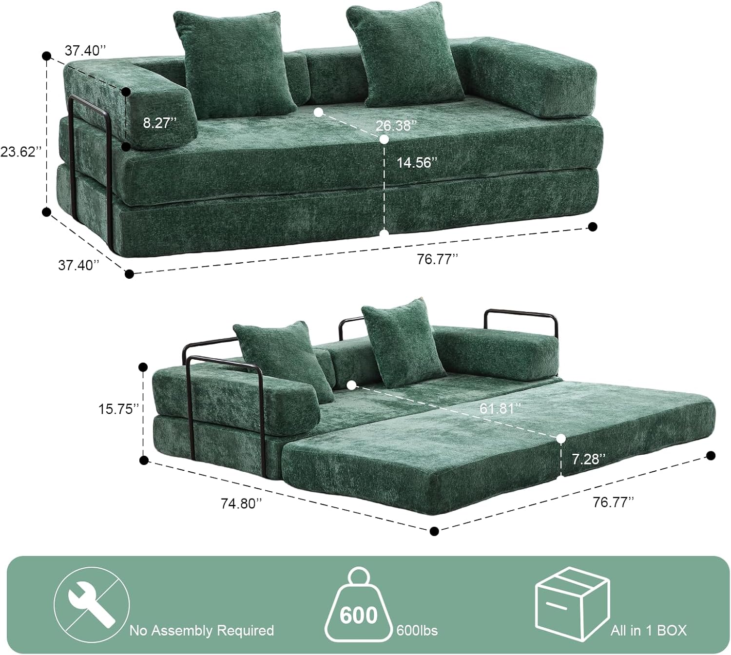 ZEIINPA Convertible Floor Sofa Bed with Fixed-Shape Frame, Modular Chenille Folding Mattress Couch with Armrest, Floor Sofa Lounge Couch for Living Room Bedroom Lounge Studio, Dark Green