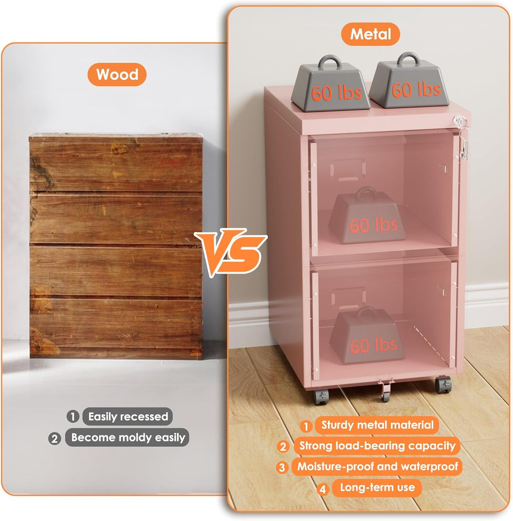 METAN 2 Drawer Metal File Cabinet with Lock, Mobile Rolling Filing Cabinet fo...