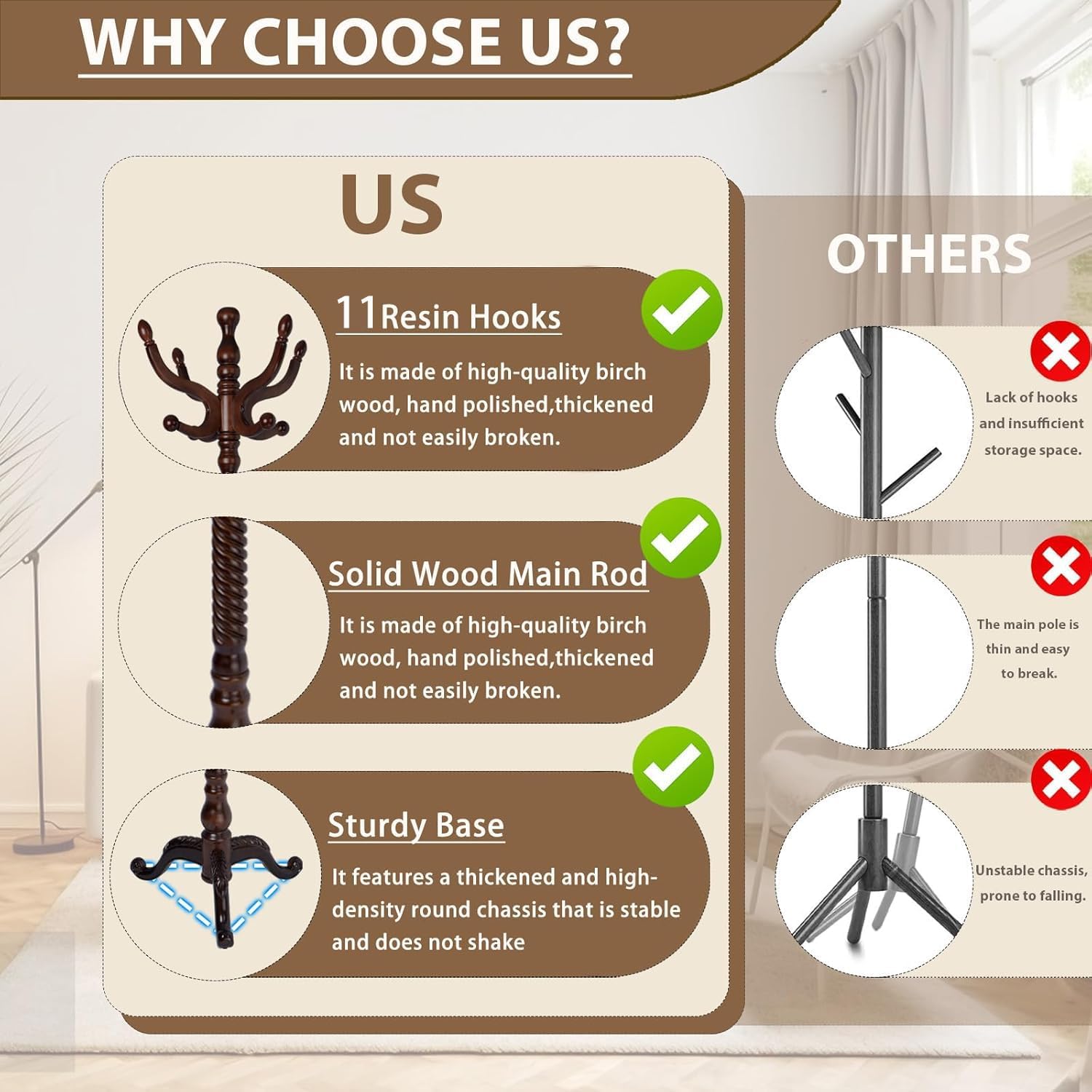 Solid Wooden Coat Rack Stand, Coat Racks Freestanding with 11 Hooks, Natural Birch Wood Coat stands with Triangle Base, Tree Coat Hanger Standing for Entryway Bedroom Office (Antique triangle)