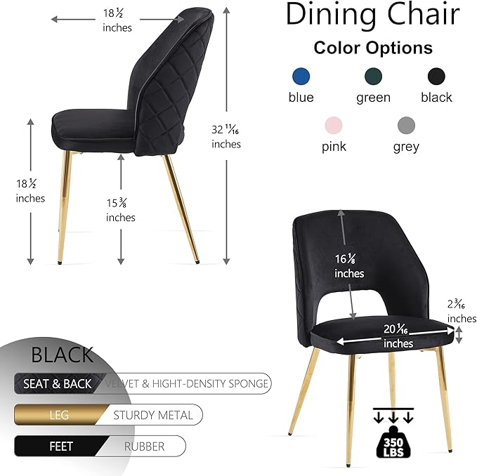 NORDICANA Modern Dining Chair Set of 2, Black Velvet Fabric Upholstered Accent Chairs with Golden Metal Legs, Round Back Side Chairs for Kitchen Living Room Bedroom