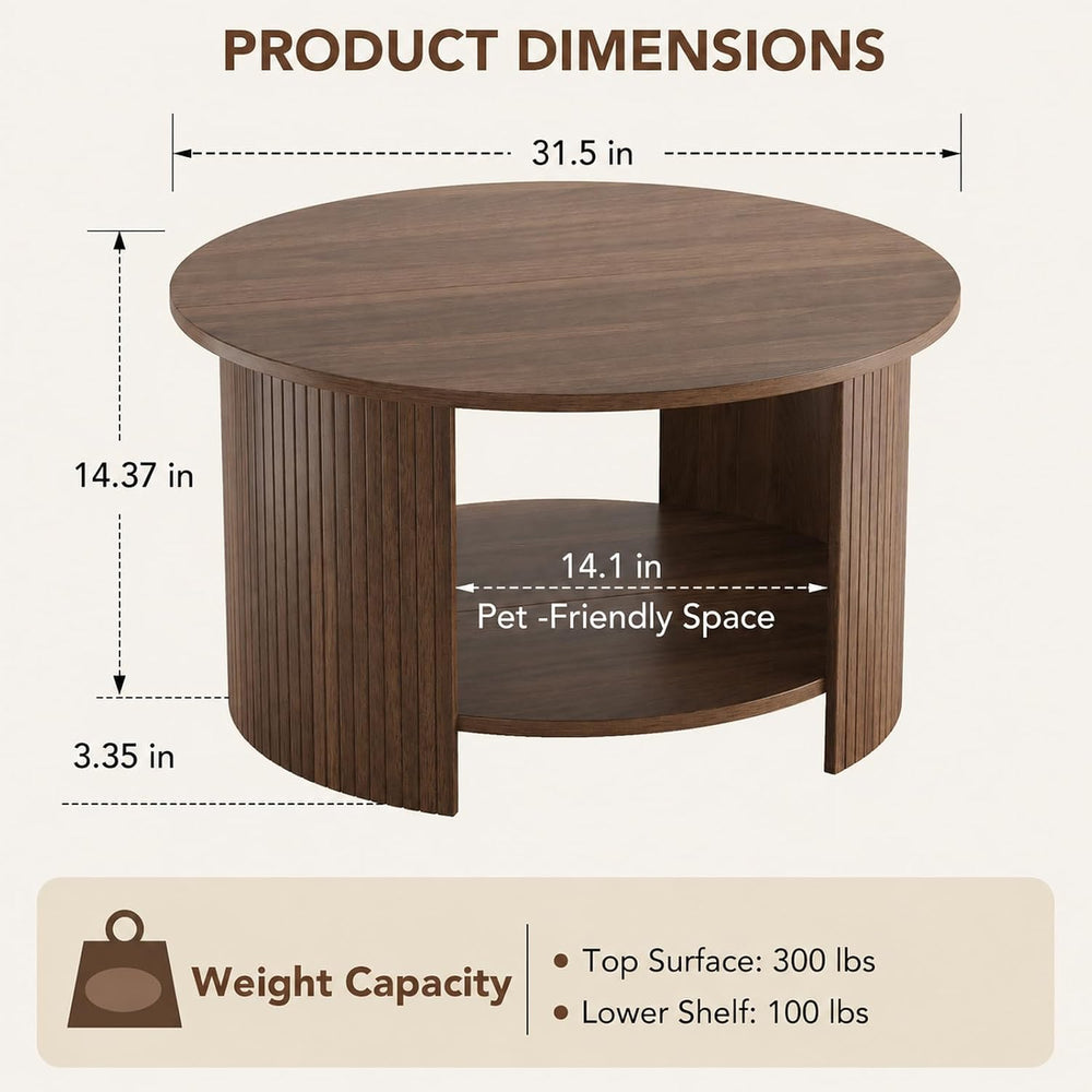 Round Coffee Table with Storage, 31.5" Modern Fluted Center Table, 2-Tie...