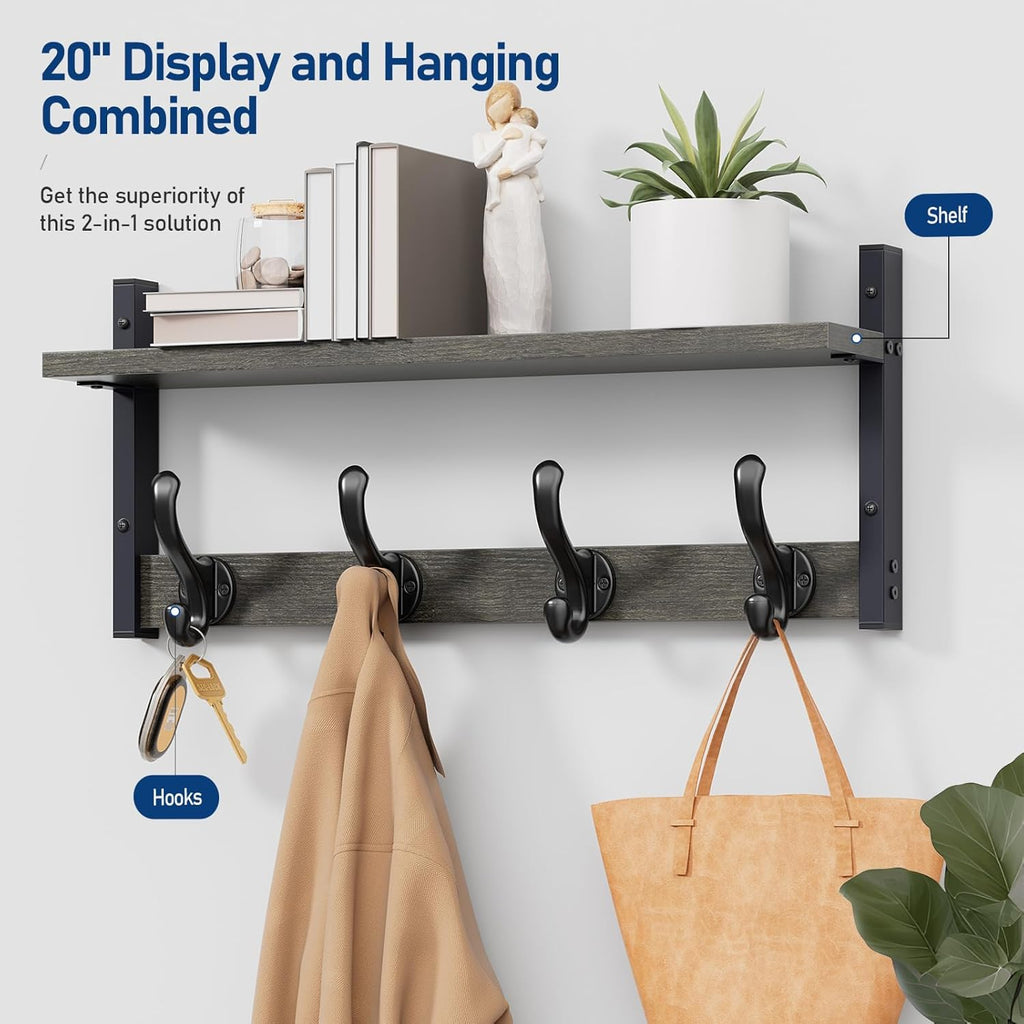 Tatub 20" Rustic Coat Rack Wall Mount with Shelf, Wall Hooks with Shelf, Heavy Duty Entryway Organizer Hangers for Hanging, Hat, Bag, Jacket for Bathroom, Living Room, Bedroom, Ebony