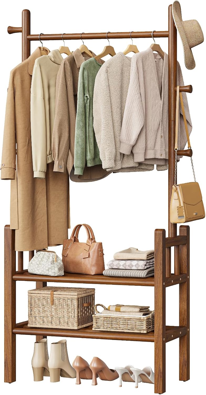Solid Wood Clothing Rack with Shelves - Coat Rack Freestanding with 6 Hooks L...