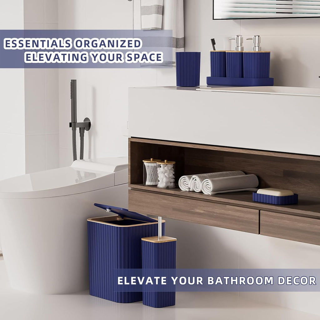 Bathroom Accessories Set - Elegant Blue Bathroom Set, 10PC Bathroom Accessory Set, Toilet Brush, Trash Can, Qtip Holder Dispenser & Soap Dispenser