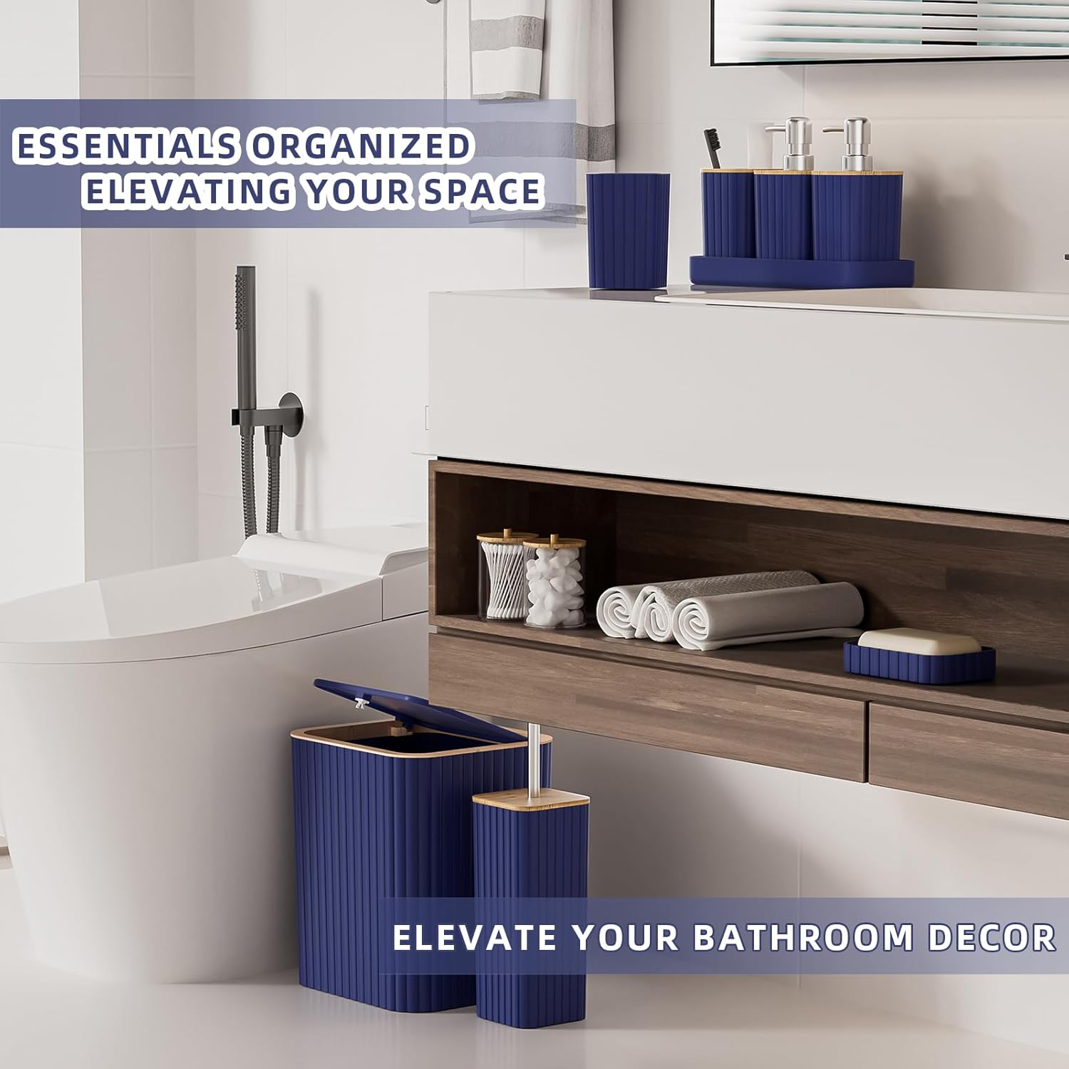 Bathroom Accessories Set - Elegant Blue Bathroom Set, 10PC Bathroom Accessory Set, Toilet Brush, Trash Can, Qtip Holder Dispenser & Soap Dispenser