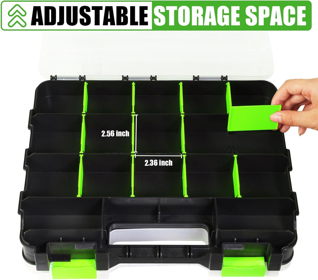 Generic Tool Box with Transparent Lid, Double Side 34-Compartments Organizer Box with Removable Dividers for Hardware, Screws, Bolts, Nails, Beads, Jewelry and Fishing Accessories, Green, 4 Packs