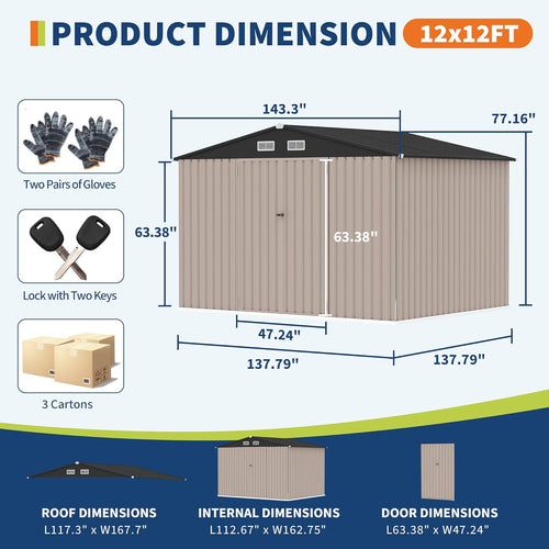 12x12 FT Metal Storage Sheds Outdoor, Metal ToolShed with Lockable Door, Metals Yard Sheds Metals Garden Shed Kit, MetalUtility Sheds Buildings with Air Vent for Backyard Garden Patio Lawn