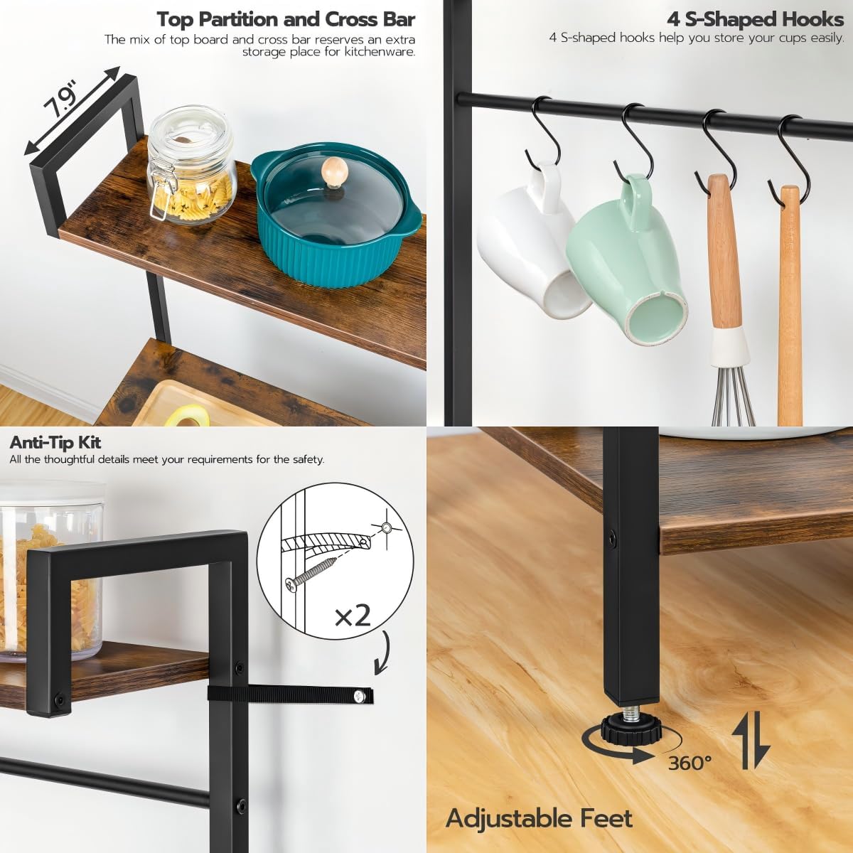 HOOBRO Bakers Rack with Power Outlet, 35.4 Inches Coffee Bar with Mesh Basket, Microwave Stand with 4 S-Shaped Hooks, Kitchen Bakers Rack with Storage, Easy to Assemble, Rustic Brown BF05HB01