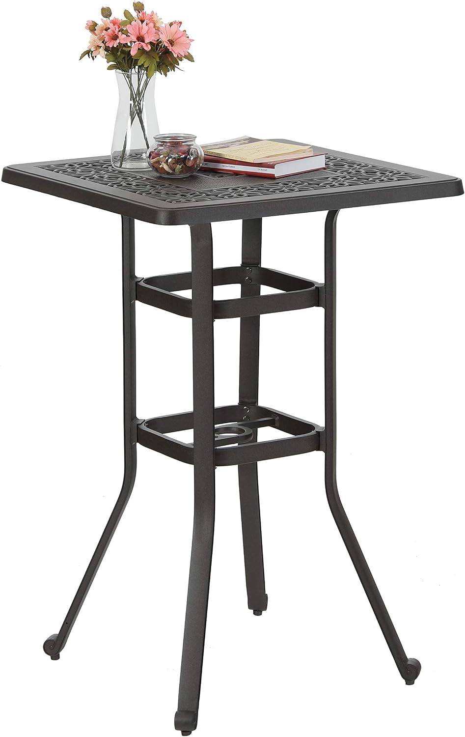 PHI VILLA Outdoor Patio Bar Tables Cast Aluminum,27.5" L x 27.5" W x 42" H | Frosted Surface Square Bar Height Bistro Table with 1.96" Umbrella Hole for Balcony Lawn Garden