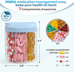 Pill Dispenser with 7 Large Compartments, 4.4" H x 3.6" Dia Pill Bottle Organizer for Travel, Supplement Organizer with Anti-Mixing Design, BPA-Free Pill Container with 20 Pcs Labels, Blue