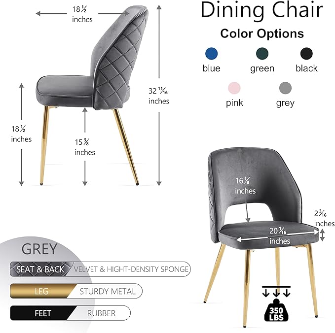 NORDICANA Modern Dining Chair Set of 2, Grey Velvet Fabric Upholstered Accent Chairs with Golden Metal Legs, Round Back Side Chairs for Kitchen Living Room Bedroom