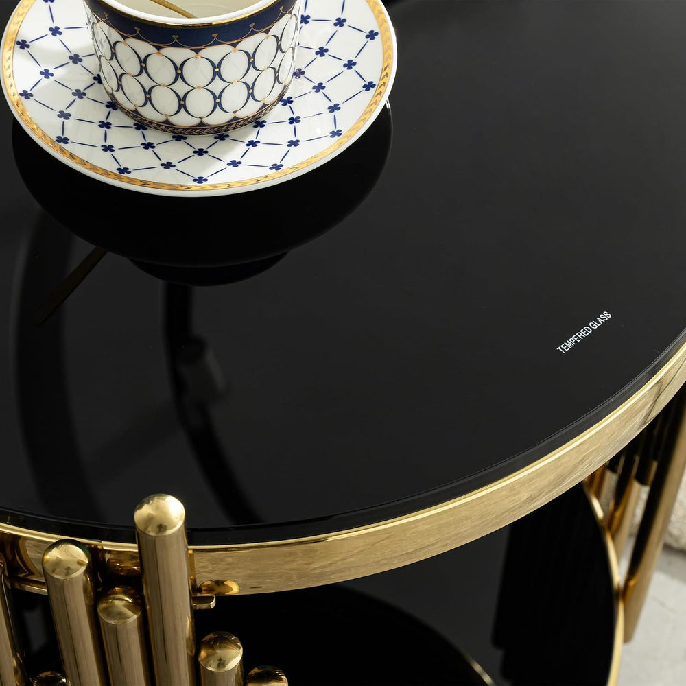 Gold Black End Table with Golden Stainless Steel Frame,Modern Glass Bedside N...