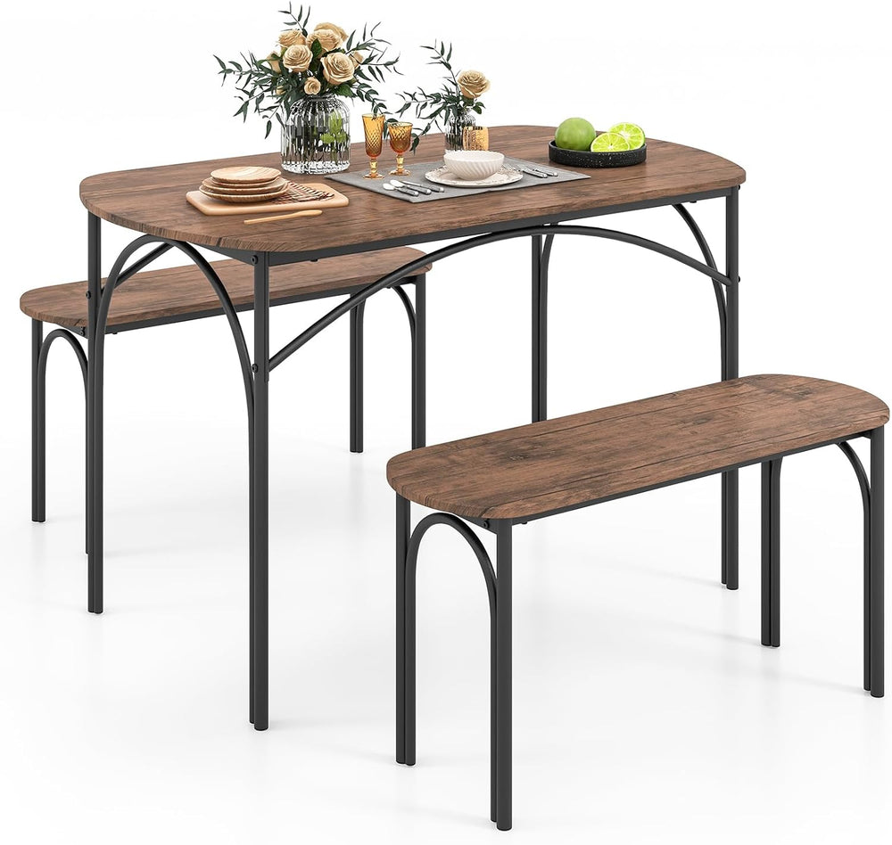 GOFLAME 3-Piece Dining Table Set for 4, Wooden Kitchen Table and 2 Benches Se...