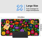 Folk Art Floral Mouse Pad – Large Extended Desk Mat 35.43 x 15.75 in – Colorful Boho Flowers on Black Background, Waterproof Surface, Non-Slip Rubber Base, Oversized Mouse & Keyboard Pad