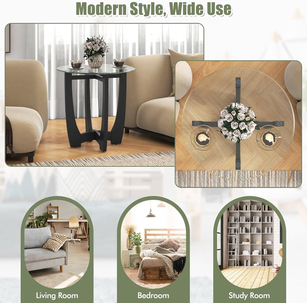 Giantex Glass End Tables Set of 2, Round Side Tables with Rubber Wood Frame &...