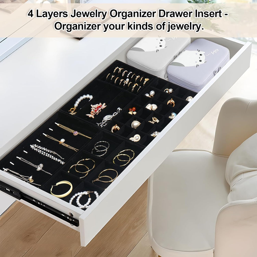 Jenseits 4 Stackable Jewelry Trays Organizer Set for Drawers, Jewellery Drawer Insert Divider Jewel Display Storage with Removable Dividers for Earring Necklace Rings Bracelet, Black