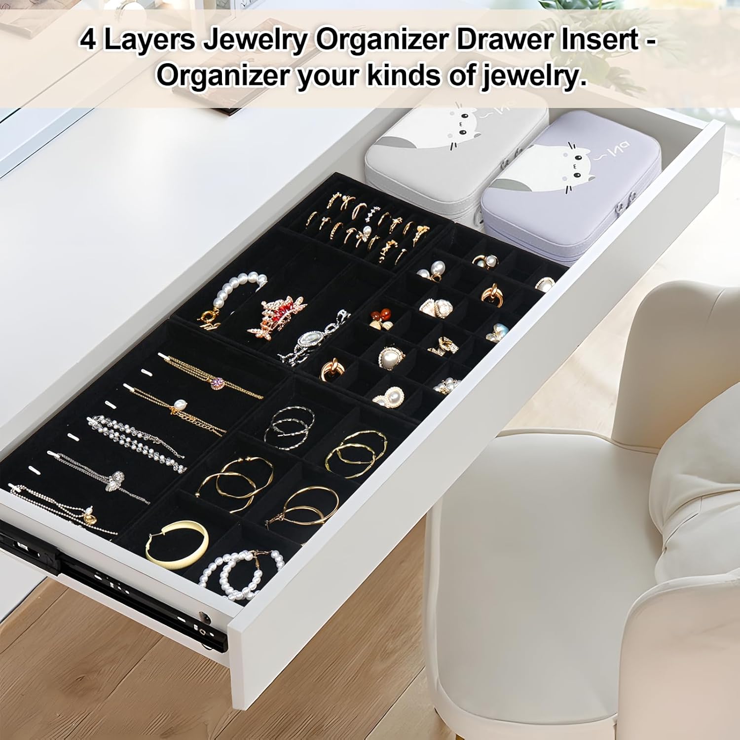 Jenseits 4 Stackable Jewelry Trays Organizer Set for Drawers, Jewellery Drawer Insert Divider Jewel Display Storage with Removable Dividers for Earring Necklace Rings Bracelet, Black