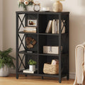 6 Cube Storage Organizer with Storage, 41.54 Inch Hight Modern 4-Tier Bookshelf with X-Shaped Metal Frame, Black Wood Bookcase for Living Room, Home Office, Bedroom, Easy Assembly