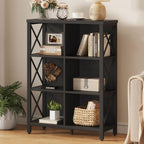 6 Cube Storage Organizer with Storage, 41.54 Inch Hight Modern 4-Tier Bookshelf with X-Shaped Metal Frame, Black Wood Bookcase for Living Room, Home Office, Bedroom, Easy Assembly