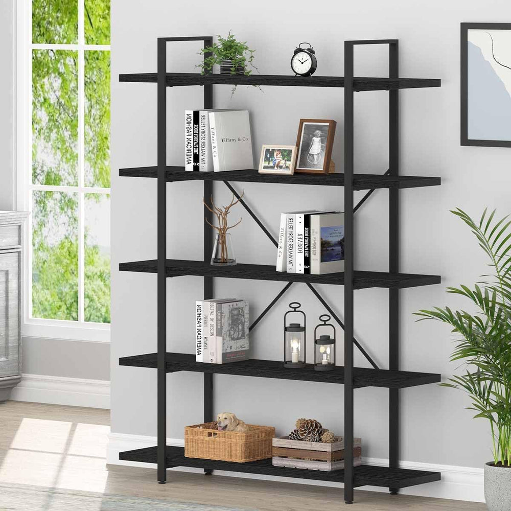 HSH 5 Tier Black Bookshelf, Modern Tall Bookcase with Storage for Office