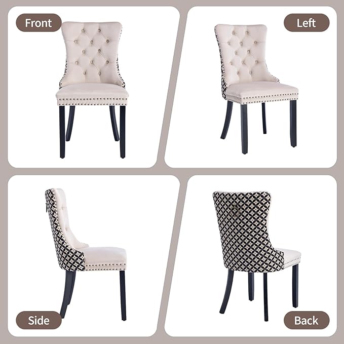 Velvet Dining Chairs Set of 2, High-end Tufted Upholstered Dining Chair with Back Ring Pull, Nailhead Trim and Solid Wood Legs, Modern Dining Room Chairs for Dining Room, Beige &Patterned