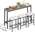COSTWAY 4 Pieces Counter Height Bar Table Set with Power Outlet, 60" Farmhouse Modern Dining Table w/ 3 Padded Stools, Long Kitchen Island Table and Upholstered Chairs for Breakfast Nook, Small Spaces