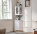 FOREST GRAVITY Modern Corner Storage Cabinet with Fluted Doors | For Kitchen; For Bathroom; Glass Doors; Fluted Design; Large Storage; Pentagon Design; White